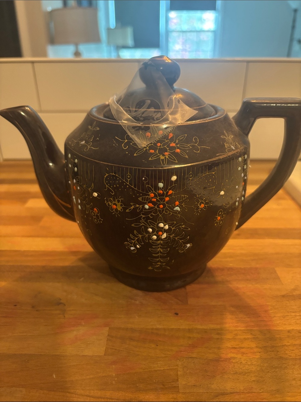 Dark Brown Ceramic Floral Teapot with Gold Accents-JAPAN